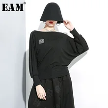 [EAM] Women Pattern Printed Hollow Out Big Size Brief T-shirt New Slash Neck Long Sleeve Fashion Spring Autumn 1H133
