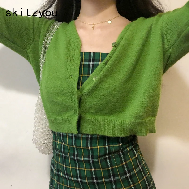 

skitzyou Ribbed Knit Cropped Cardigans Autumn Sexy V Neck Autumn Women Sweaters Green Chic Casual pull femme Winter Cloths Blue
