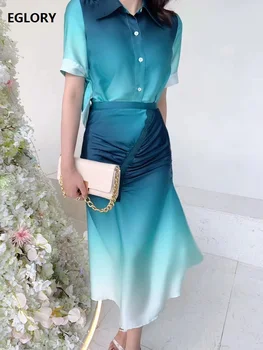 

High Quality Women's Set 2020 Summer Women Turn-down Collar Gradient COlor Print Short Sleeve Shirts+High Waist Mermaid Skirts