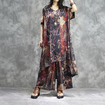 

Ethnic Style Silk Printed Two Piece Suits 2020 Summer Irregular Hem Mid Length Dress + Loose Wide Leg Pants Female Fashion Suits