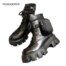 Vienantin/; Модные женские Ботинки martin с карманами; ботинки на толстой подошве со шнуровкой в военном стиле; ботильоны с пряжкой на ремешке для подиума