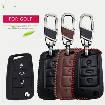 

Genuine Leather Car Key Case Fob Cover For VW Golf 4 5 6 7 MK4 MK7 Gti Caddy Passat b8 Scirocco polo Key Ring Shell Accessories