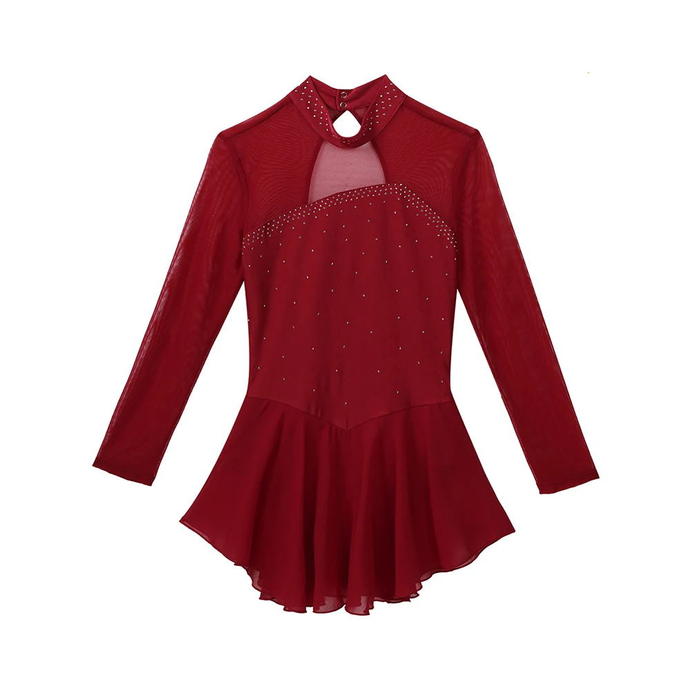 Women Shiny Rhinestone Mesh Long Sleeve Figure Skating Dress Ballet Dancewear Gymnastics Leotard Competition Performance Costume