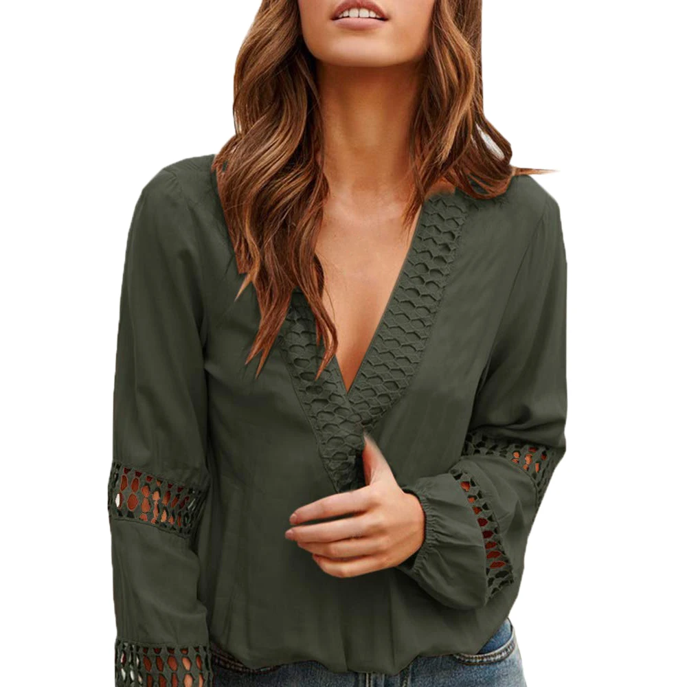 Wenyujh Women's Deep V Neck Long Sleeve Solid Shirts Female Spring Autumn Loose Top Sexy Hollow Out Lantern Sleeve Blouse