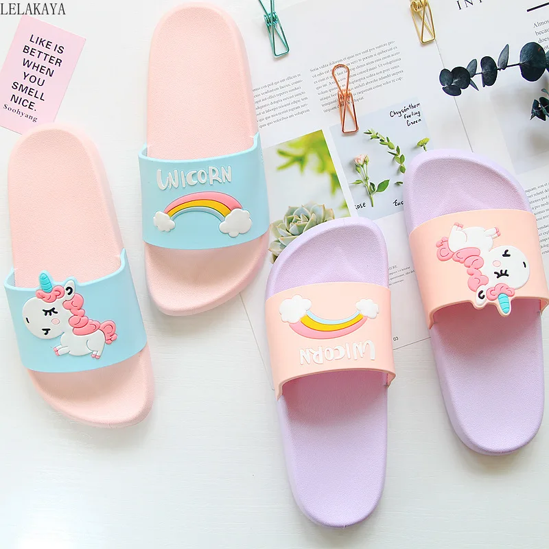 Boys Girls Bathroom Slide Slippers Kids Cartoon Unicorn Non-Slip Beach Sandals 