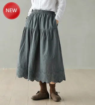 

Woman Skirts2020 New StyleSpring new embroidery stitching cotton skirts literary retro loose female skirt mori gi