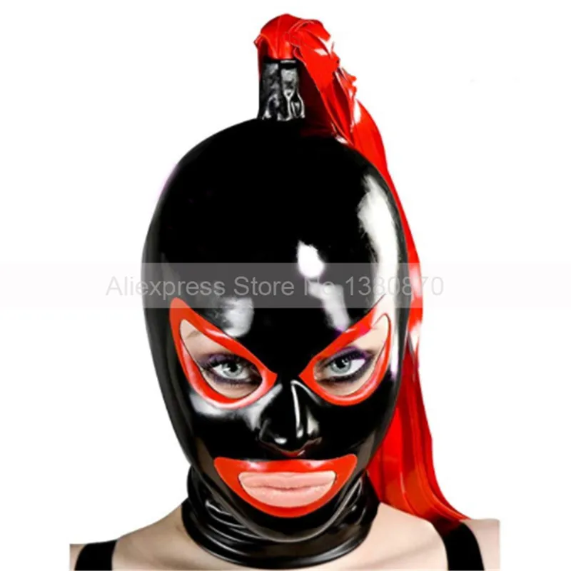 black and red Косплей привлекательная латекстное резиновое изделие капюшон с верхней латексной косичкой ручной работы размер цвет на заказ S-LM255 - Цвет: black and red
