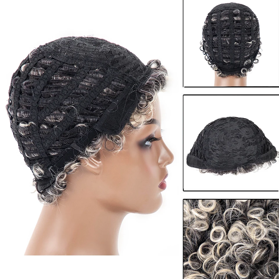 Parrucca sintetica corta Afro ricci Ombre parrucche grigie per donna parrucca riccia crespa bianca mista grigia parrucca Cosplay dall'aspetto naturale Pixie Cut - immagine 6