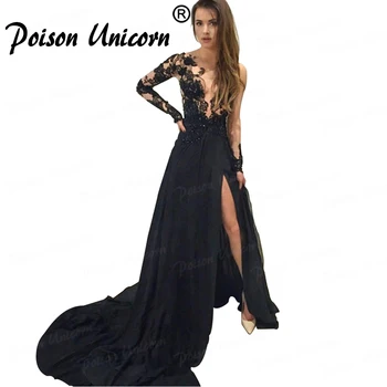 

Cheap African Black Long Sleeve Evening Dresses 2020 Scoop Neck With High Slit Chiffon Long Elegant Formal Evening Gown vestido