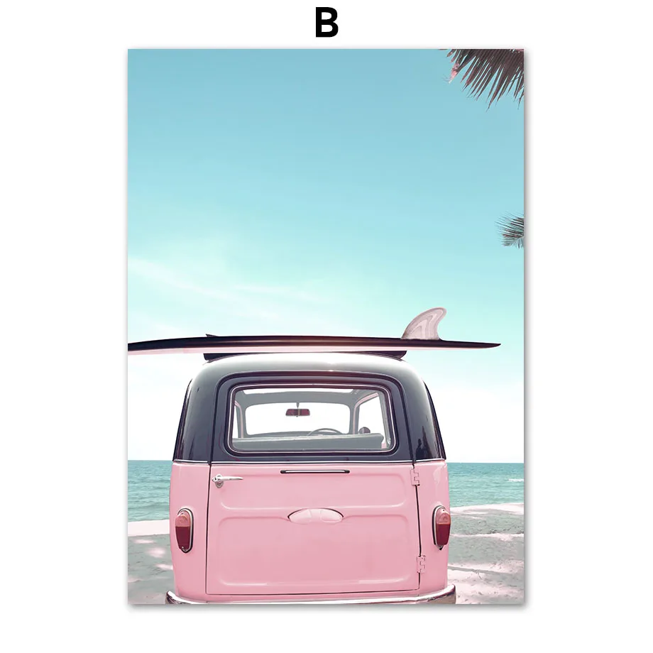 Sea-Beach-Pink-Parasol-Car-Coconut-Tree-Wall-Art-Canvas-Painting-Nordic-Posters-And-Prints-Wall (4)