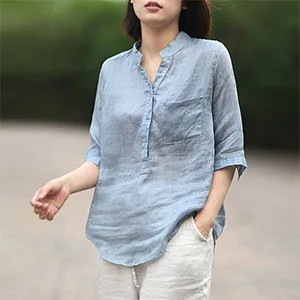 Однотонная блузка на пуговицах с коротким рукавом - Цвет: Light blue