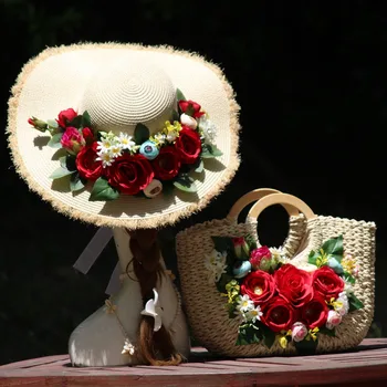 

Casual Summer Vacation Tote Handbag Hat Suit Bohemia Style Photograph Original Design Women Fashion Rose Flower Straw Beach Bag
