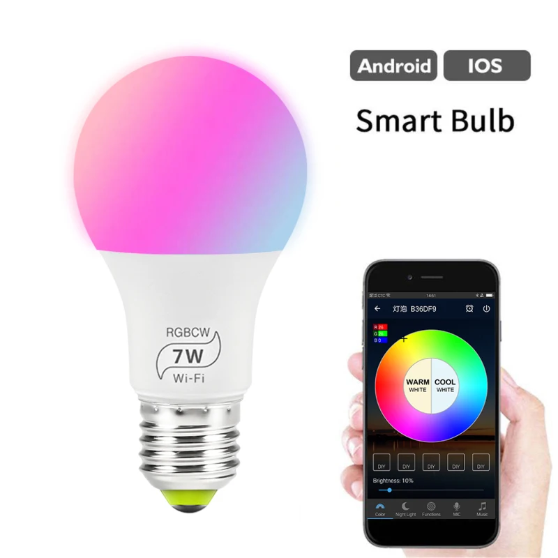 New Wireless Smart WiFi Light Bulb Led Lamp 7W RGB E27 Wake-Up Warm Lights Work with Alexa Google Home Lights 1pcs