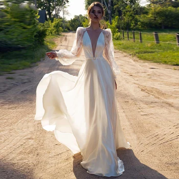

Weilinsha Chic Boho Plunge V-hals Satin Trouwjurken Lange Lantaarn Mouwen Illusion Wit Een Lijn Jurken Met Kralen Sjerpen