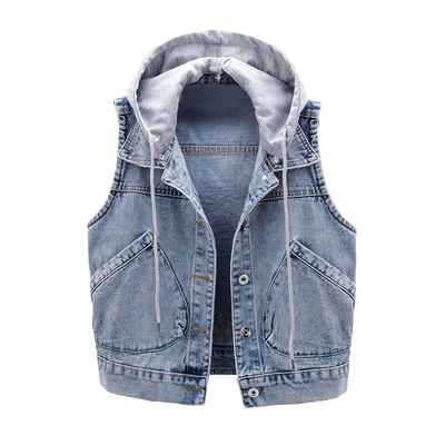 Smlinan Hooded Sleevless Denim Waistcoat Coat Women Spring Autumn Single Breasted Casual Vintage Streetwear Jacket Vest Female