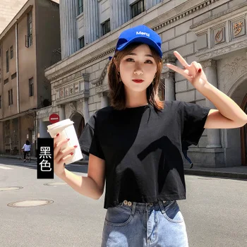 

Women's t-shirt round neck short t-shirt solid color leaking belly button shirt gray