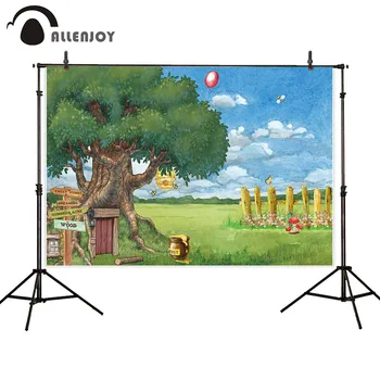 

Allenjoy Watercolor Background Spring Tree Grassland Wooden Fence Balloon Party Banner Blue Sky Birthday Wall Backdrop Supplies