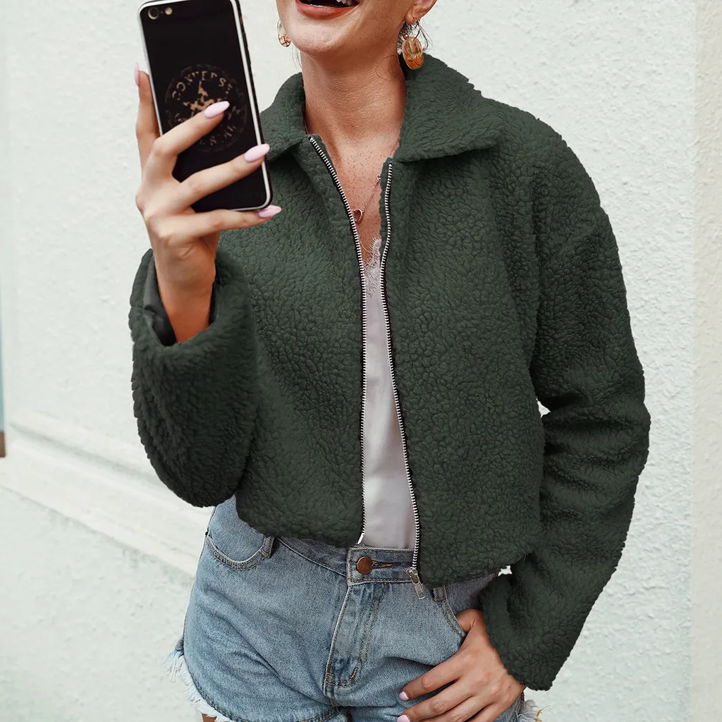 Army green Женская плюшевая куртка размера плюс 3xl, однотонная, с длинным рукавом, с отворотом, на молнии, из искусственной овчины, повседневное пальто, с карманами, зимняя теплая куртка#3 - Цвет: Army green