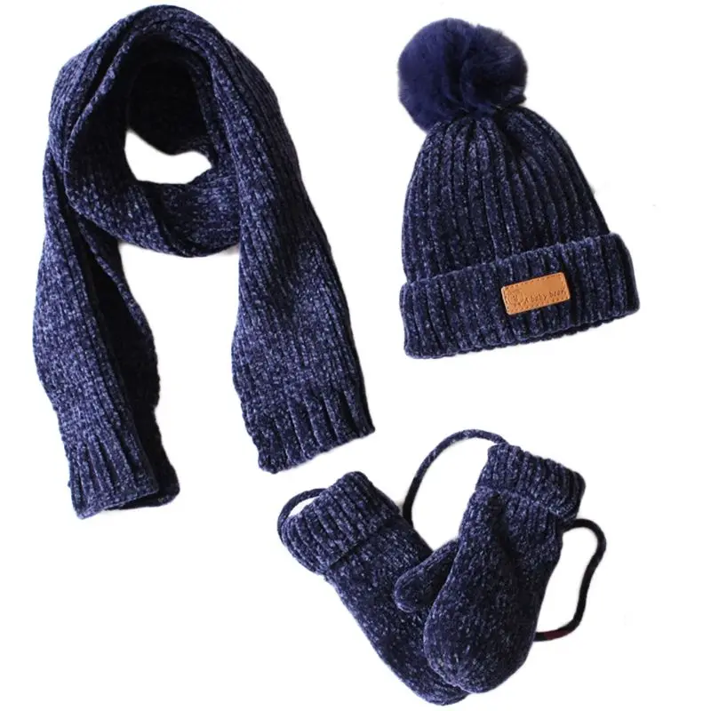 Вязаная шапка с помпоном для маленьких мальчиков и девочек, шарф, перчатки, комплект из 3 предметов, вязаная шапка в рубчик с манжетами, детская зимняя теплая спортивная одежда для улицы - Цвет: 6EE703032-NB