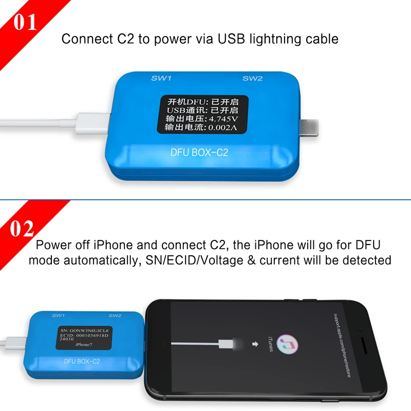 JC DFU BOX C2 для восстановления перезагрузки IOS Restore Reboot мгновенно SN ECID информация о модели чтения USB Текущий Дисплей напряжения