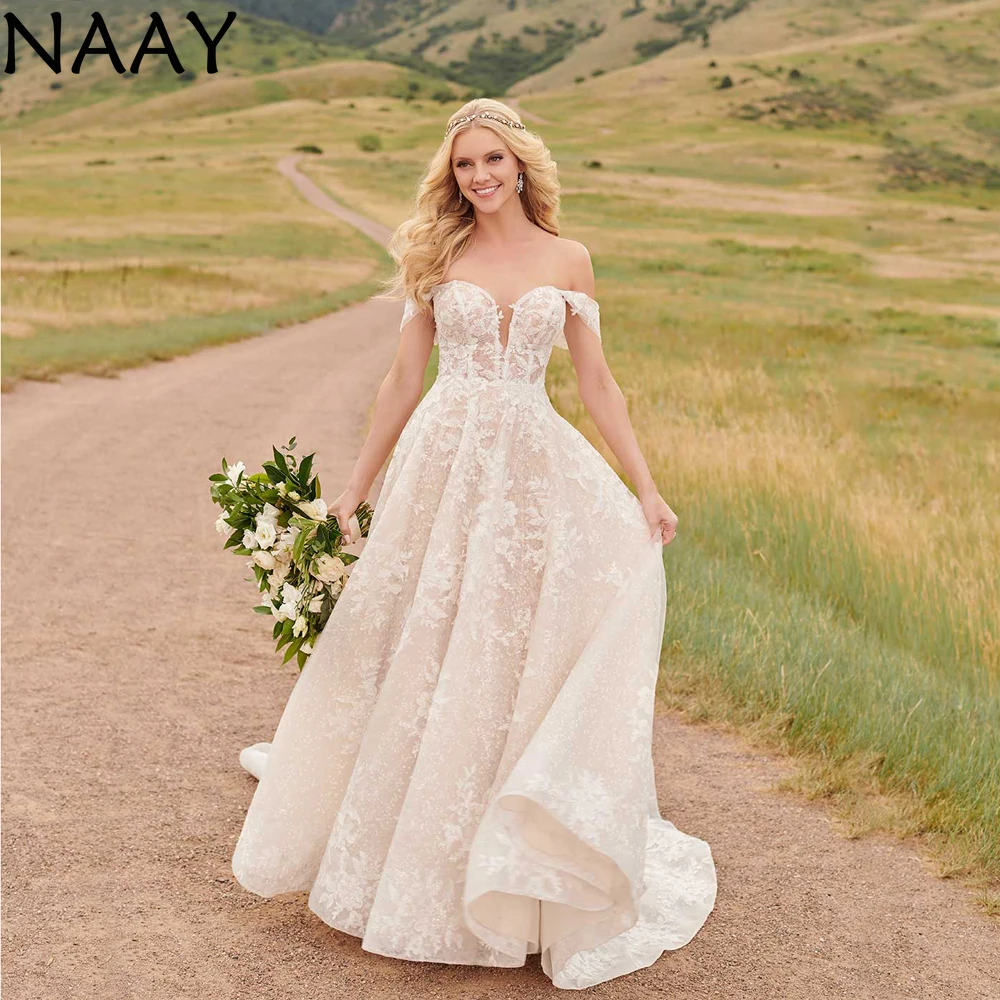 

NAAY Sexy A Line Wedding Dress 2020 Lace Bridal Gown Backless Beach Off The Shoulder Bride Dress Plus Size Vestido De Noiva