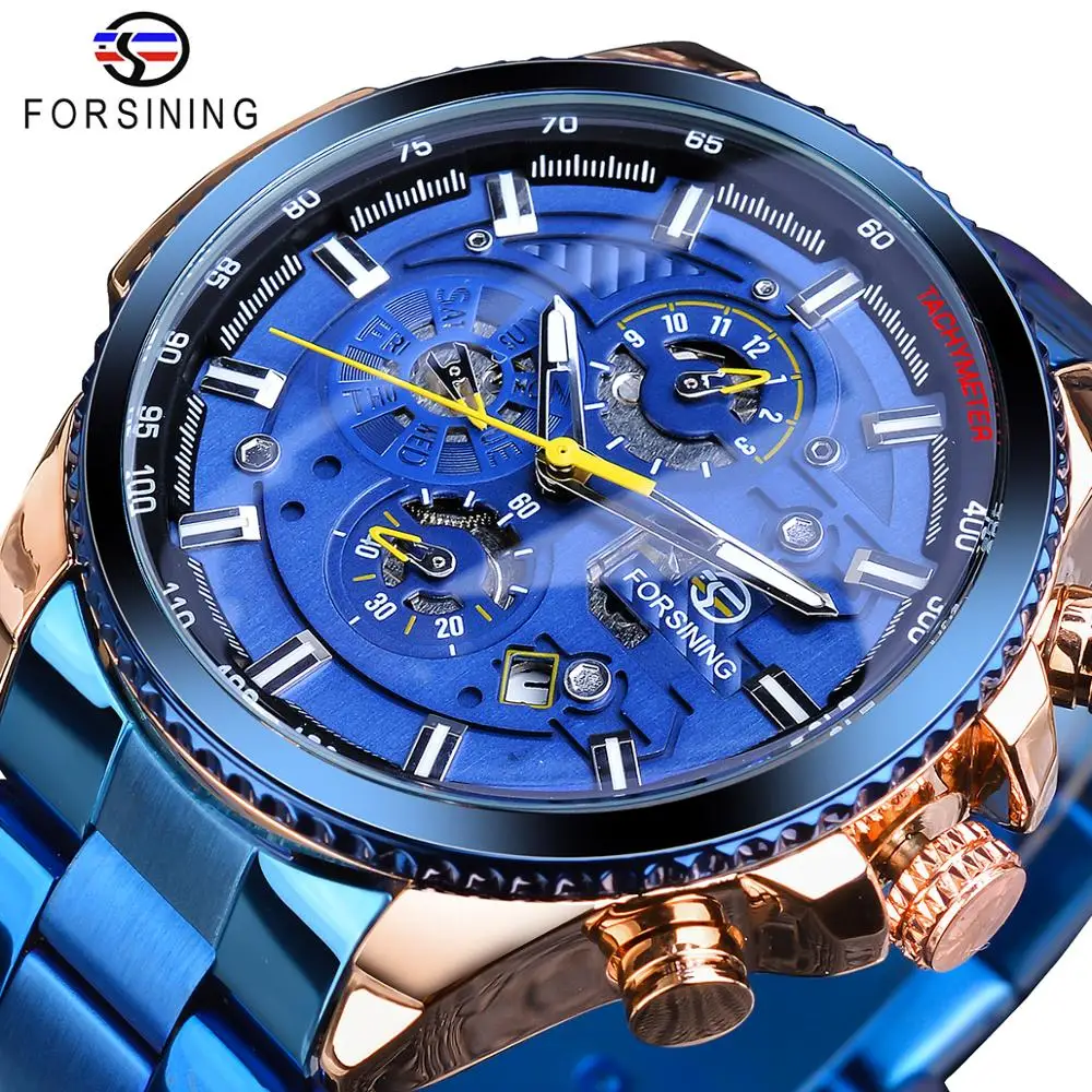 

Forsining Rose Golden Case Blue Stainless Steel Mens Business Sport Mechanical Automatic Wrist Watch Three Dialy Multifunction