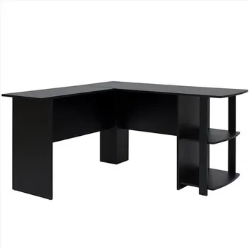 

High Quality FCH L-Shaped Wood Right-angle Computer Desk with Two-layer Bookshelves Black Computer Desk