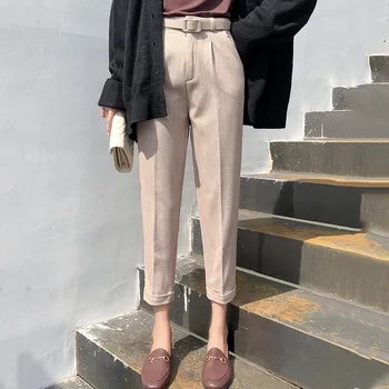 

2020 autumn and winter woolen wild large size straight nine-point pants high waist small feet loose wild was thin casual pants