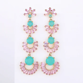 

Luxury Lady`s Jewelry Geometric Fan Zirconia Drop Earrings Fashion Pink Yellow CZ Stone Earrings with 925 Pin XIUMEIYIZU Hot