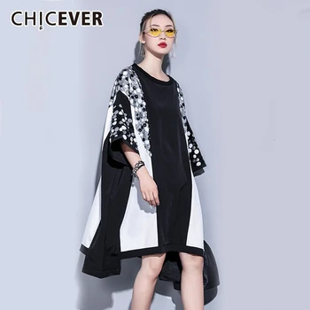 

CHICEVER Patchwork Hit Color Women's Dress O Neck Three Quarter Sleeve Oversize Casual Asymmetrical Dresses Female 2020 Fashion