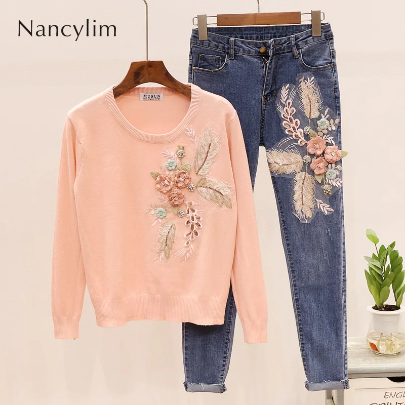 

Autumn Winter Outfit Women New fashion Embroidered Flowers Long Sleeve Sweater Jumper + Slim Fit Pencil Pants Jeans Feminina
