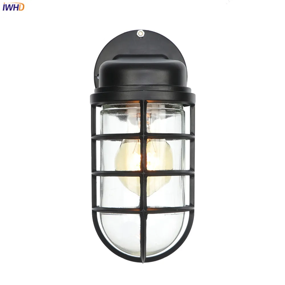 IWHD American Country Retro LED Wall Lights For Home Lighting Black Metal Bathroom Mirror Stair Light Glass Vintage Wall Lamp