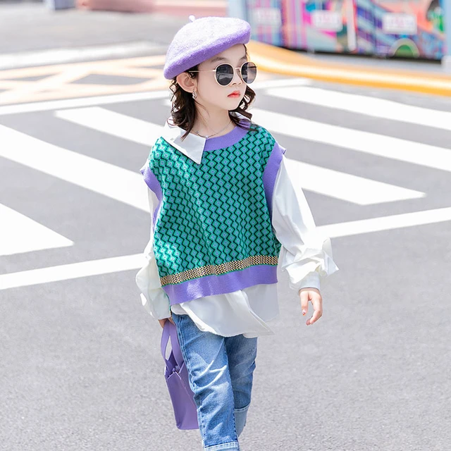 Ropa Chic para niñas, suéter de punto, camisa de retales geométricos, suéter a cuadros Vintage, abrigos de punto para niñas de 8, 10, 12 y 14 _ - AliExpress Mobile