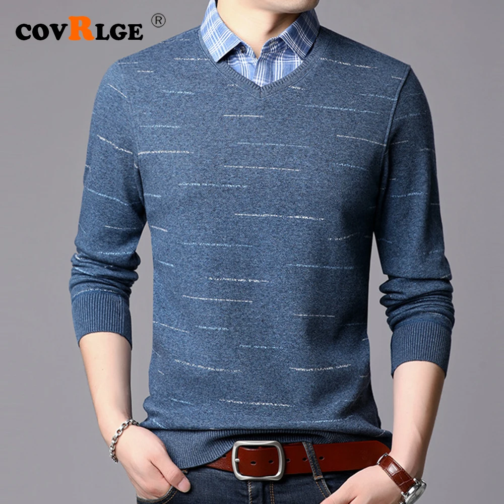 Shirt Collar Fake Two-piece Sweater Casual Men's Sweaters Pullovers Warm Fleece Long Sleeve Male Knittwear Tops Jumpers MZL056