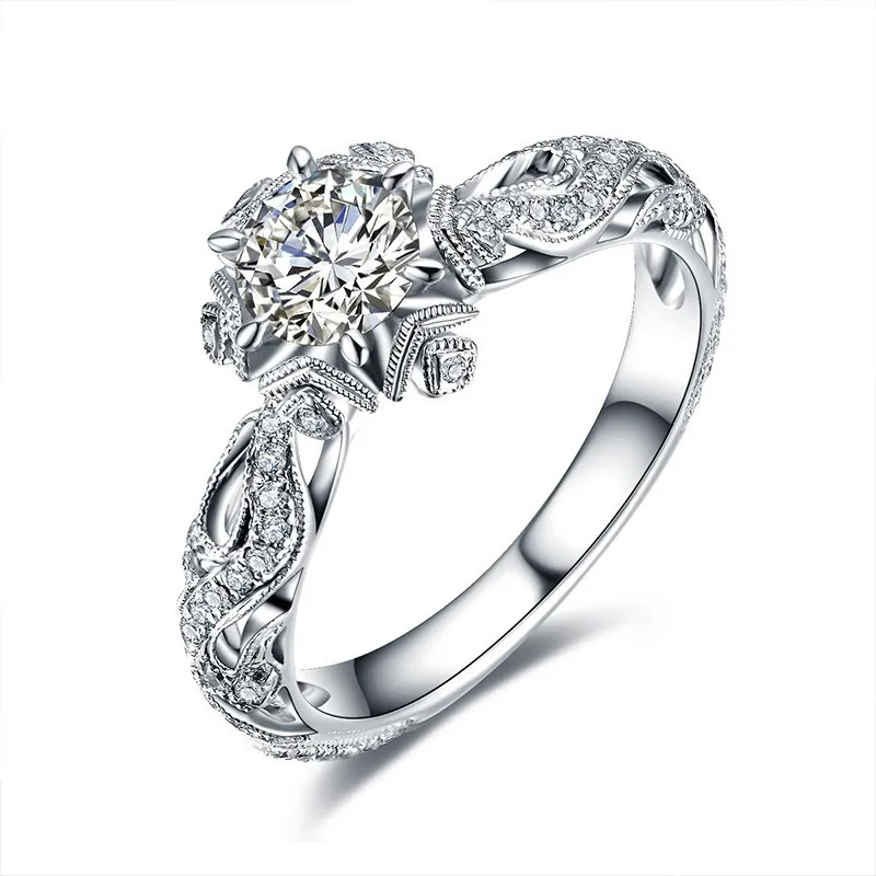 

Women Handmade Fashion Jewelry 925 Silver Round Cut White Clear 5A CZ Zirconia Women Wedding Band Flower Ring Gift