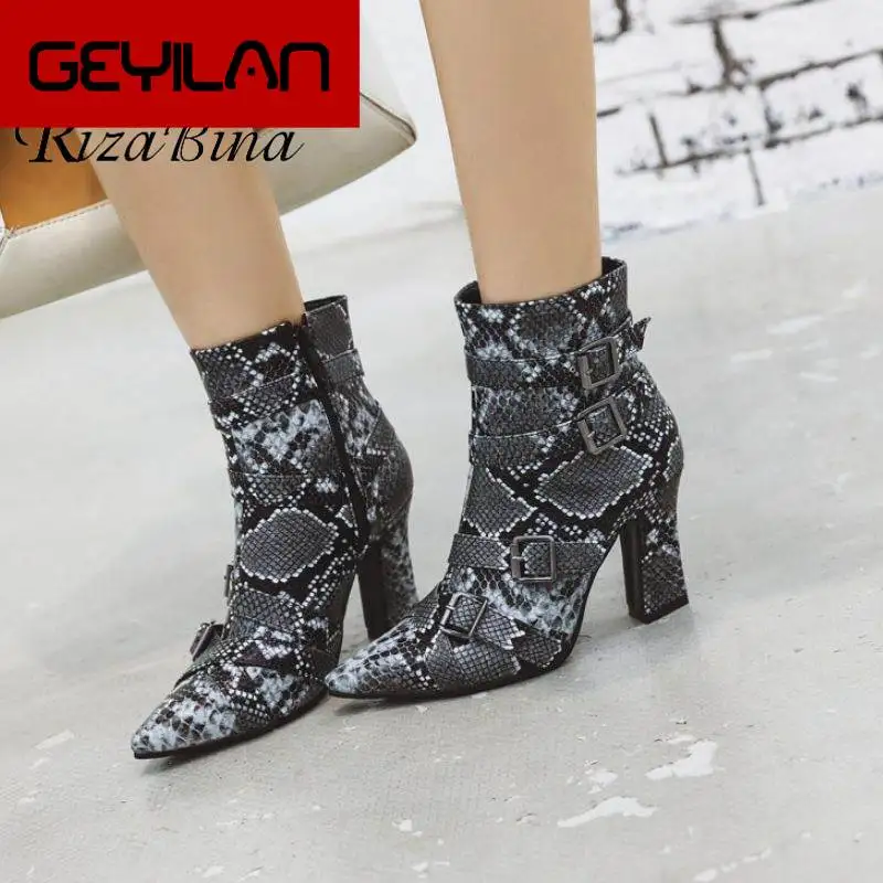 

Plus Size 32-48 Fashion Leather Pointed Toe Women Shoes Winter Warm Fur Snakeskin Thick Heel Female Sexy Party Footwear