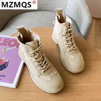 

2020 New Winter Women's Boots Fashion Lace-up Low-heeled Ankle Boots Round Head Square-Heel Zipper Women's Boots Zapatos Mujer