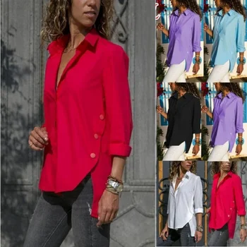 

New Casual Loose Solid Irregular Blouse For Women Autumn Fashion Turn-Down Collar Long Sleeve Tops Female Plus Size S-5XL Shirts