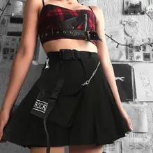 Женская черная плиссированная юбка с металлической цепочкой с высокой талией