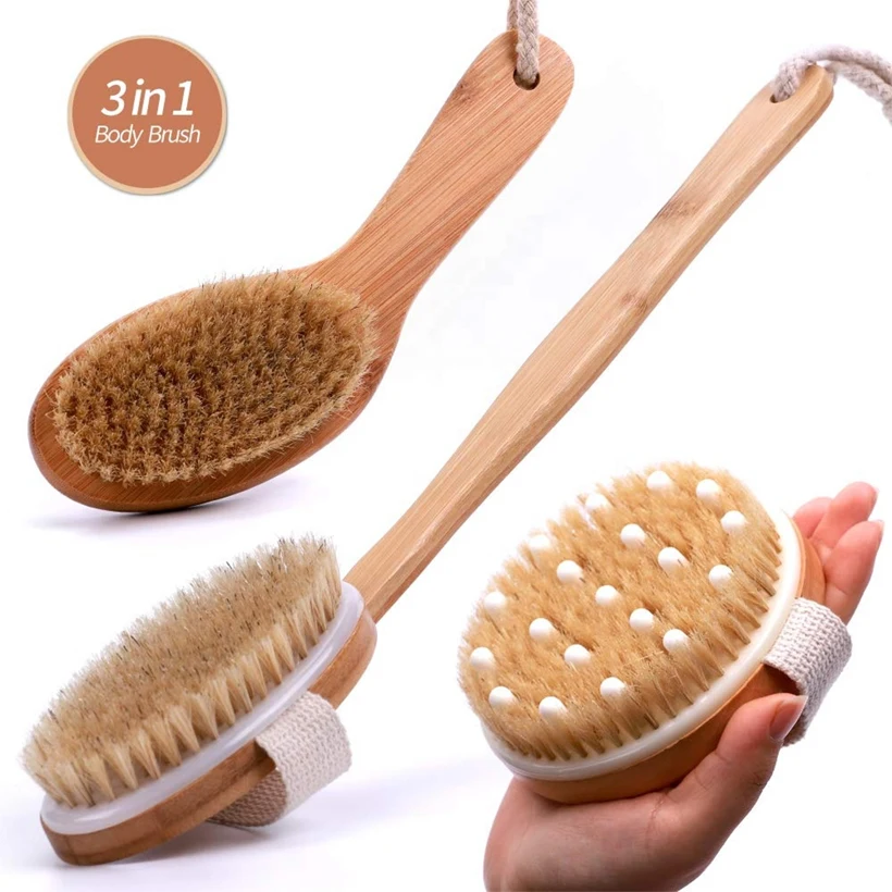 TREESMILE-cepillo corporal para el baño, cepillo exfoliante de madera con mango de bambú, cerdas de jabalí, cepillo corporal para baño, D40
