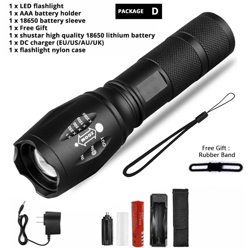 Package D Z45 светодиодный фонарик ультра яркий водонепроницаемый фонарь T6/L2/V6 с возможностью масштабирования 5 режимов переключения 18650 заряжаемый Аккумулятор для кемпинга на открытом воздухе - Испускаемый цвет: Package D