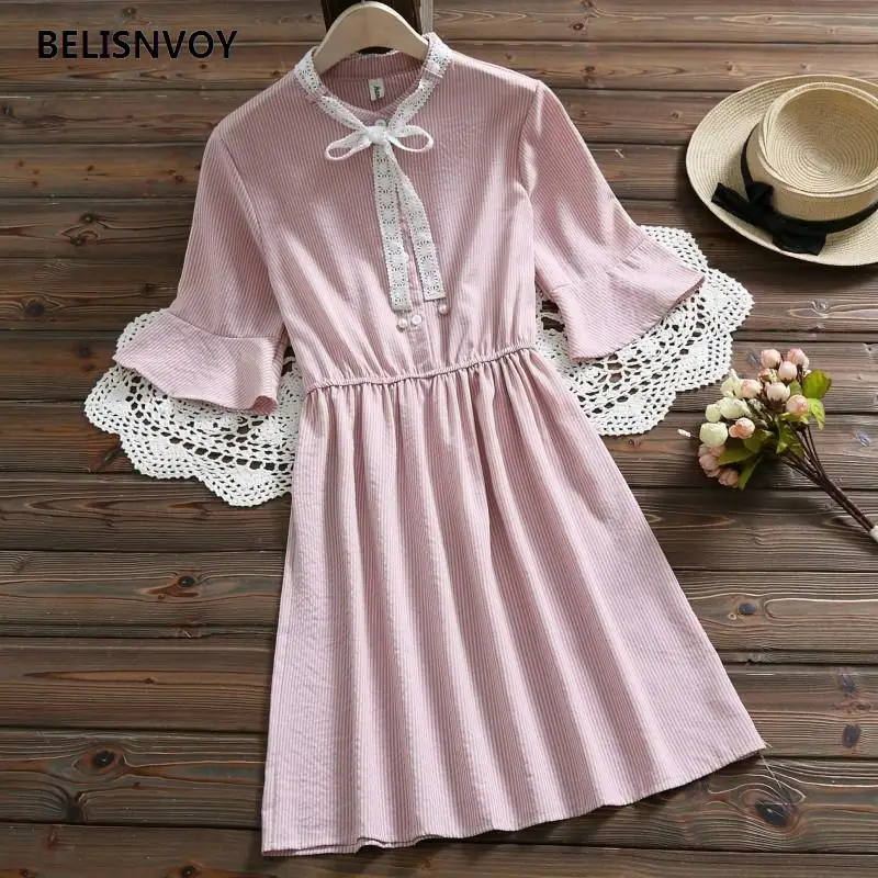 Special offer Mori Girl Summer Sweet Dress Fashion Women Ruffle Sleeve Striped Dresses Lace Bowknot Female Vintage Vestidos | Женская
