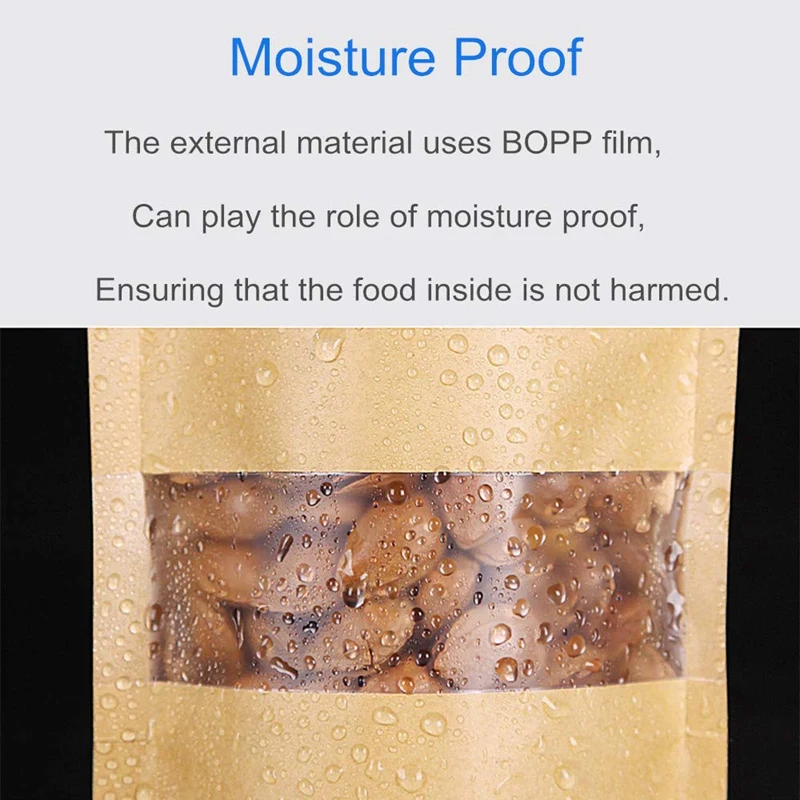 100Pcs Brown Stand Up Kraft Paper Zip Lock Bags with Clear Window,Reclosable Doypack Pouches Zipper Grip Seal Packaging