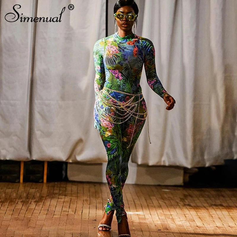 

Simenual Floral Print Fitness Rompers Womens Jumpsuit Sporty Workout Active Wear Fashion Casual Skinny Long Sleeve Jumpsuits New
