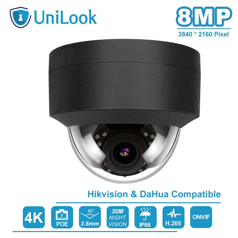 UniLook(Совместимость с Hikvision) 8MP POE купольная ip-камера безопасности, совместимая с ONVIF, уличная Водонепроницаемая камера ночного видения IR30m H.265