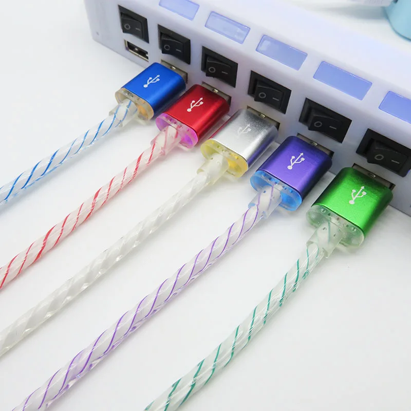 Светодиодный светящийся поток данных USB зарядное устройство Тип C/Micro USB/8 контактный кабель для зарядки для iPhone X 6 samsung S7 s9 S6 xiaomi зарядный провод шнур