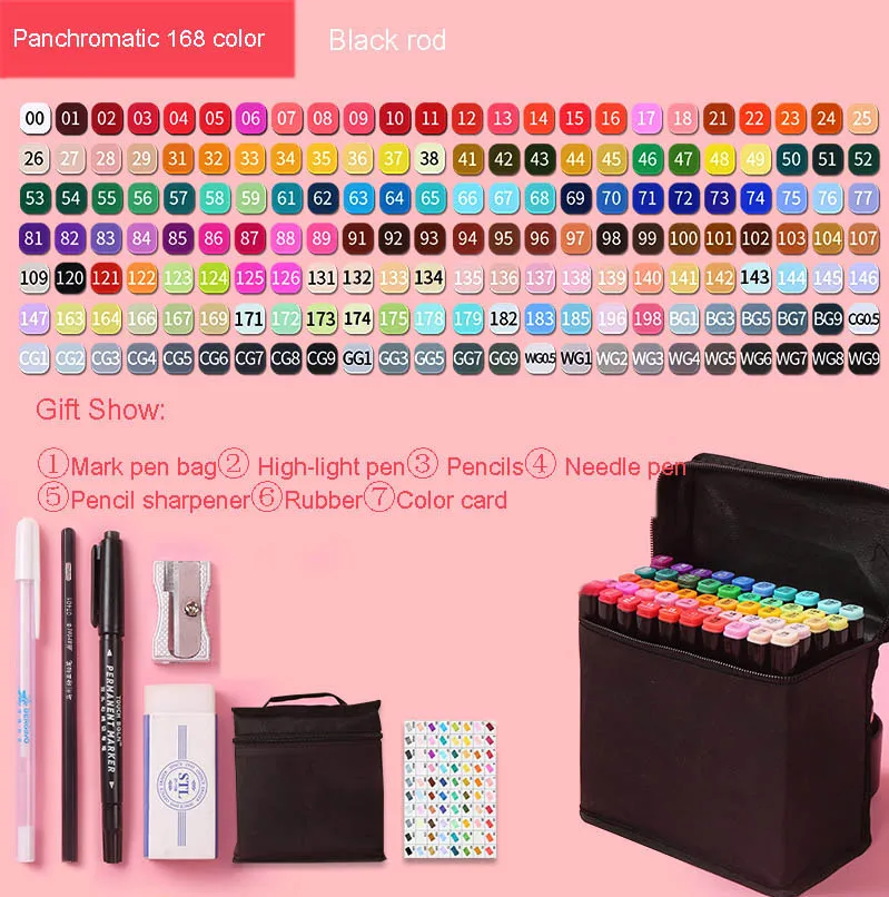 Markers brush Pen Set authentic student double-headed beginner 30/40/60/80 colors oil alcohol painting marker art supplies - Цвет: All 168   black rod