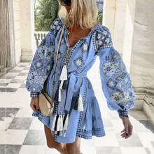 Повседневное платье в стиле бохо с v-образным вырезом, модное платье с длинным рукавом и поясом, женское осеннее синее мини-платье с принтом и кисточками, vestidos mujer
