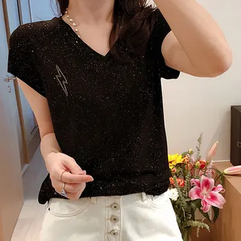 

Women Tshirt Sparkling Rhinestone Short Sleeve T-shirt Women