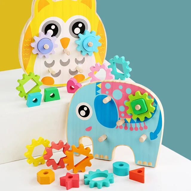 Intelligent Cartoon Animal Elephant Owl Gear Block Kid Assembly Hand-Eye Coordination Puzzle Wood Color Cognition Education Toy 2